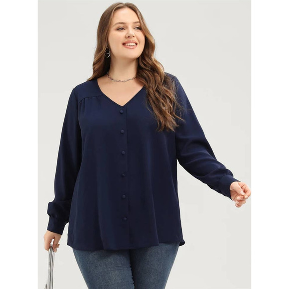 Bloomchic Women 30 Navy Blue 1/4 Button Front Flowy Roll Tab Sleeve Blouse NEW - Picture 1 of 9
